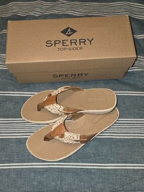 Sperry Women's Tan and Cream Braided Thong Sandals